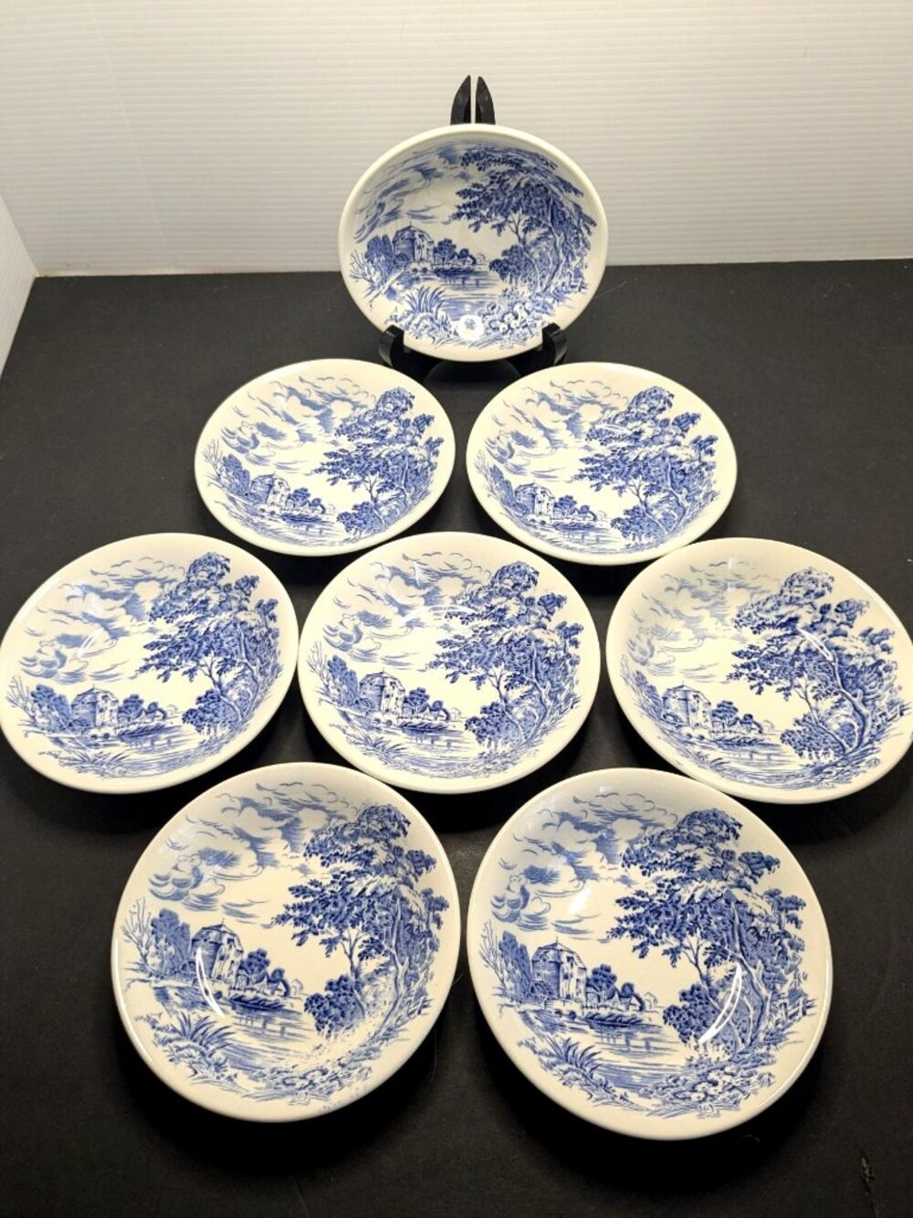 8 Vintage Blue and White Enoch Wedgwood Countryside Fruit Dessert Bowls 5"